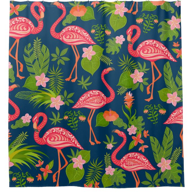 Pink Flamingo: Turquoise Striped Vintage Shower Curtain (Front)