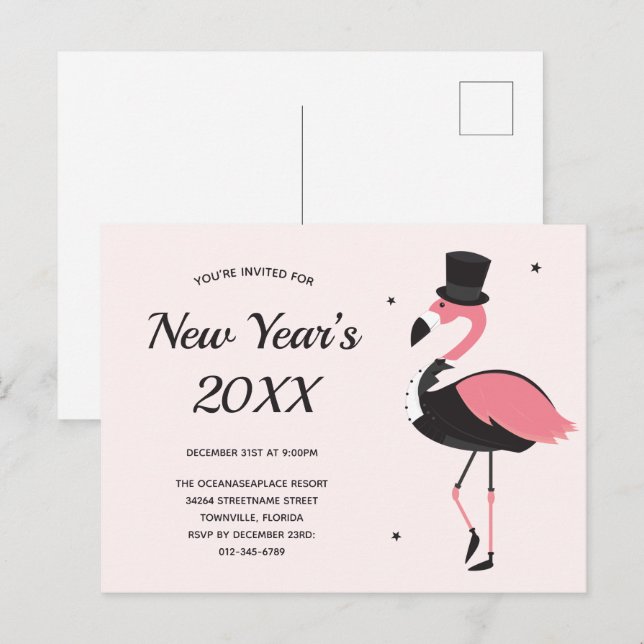 Pink Flamingo Tuxedo New Years Party Invitation Postcard (Front/Back)