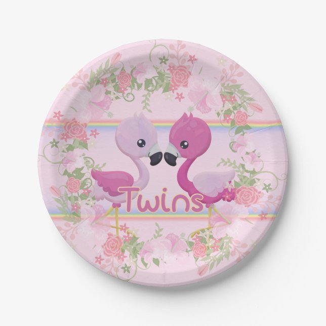 Pink Flamingo Twins baby shower Paper Plate (Front)