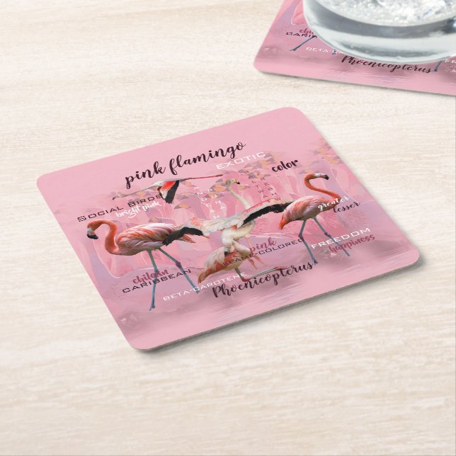 Pink Flamingo Typography | Customised Square Paper Coaster (Angled)