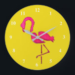 Pink flamingo unique pop art large clock<br><div class="desc">Pop art design of a hand drawn watercolor illustration pink flamingo in crazy candy pink and mustard yellow colors. This crazy girly design is unique because just like a flamingo,  you are unique.</div>