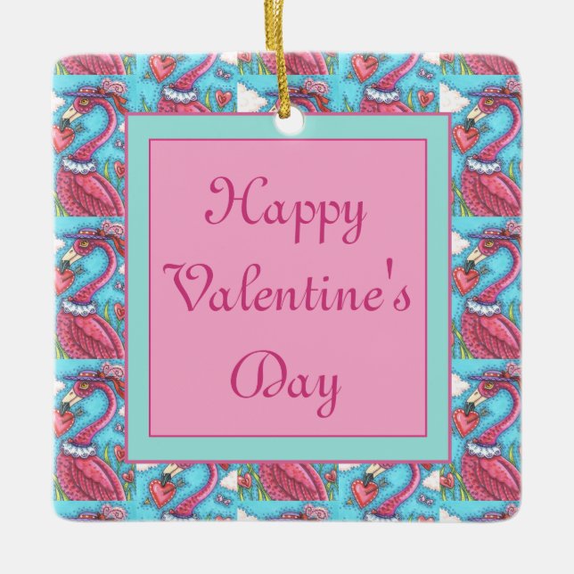 PINK FLAMINGO VALENTINE HEARTS, CUTE LOVE BIRDS CERAMIC ORNAMENT (Front)