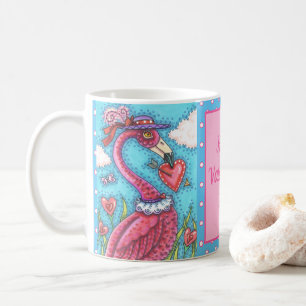 PINK FLAMINGO VALENTINE HEARTS, CUTE LOVE BIRDS COFFEE MUG