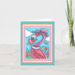 PINK FLAMINGO VALENTINE HEARTS, LOVE BIRD Blank Card