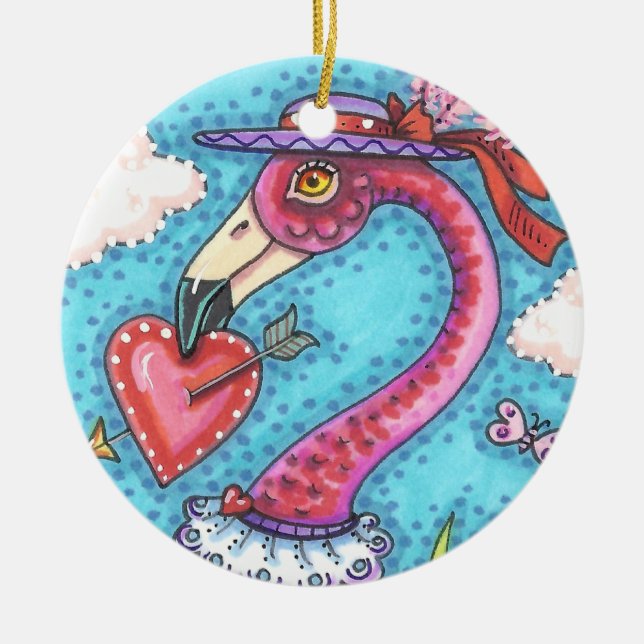PINK FLAMINGO VALENTINE HEARTS, LOVE BIRD WHIMSY CERAMIC ORNAMENT (Front)