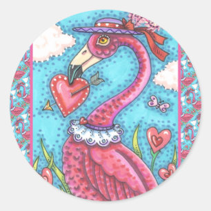 PINK FLAMINGO VALENTINE HEARTS, LOVE BIRD WHIMSY CLASSIC ROUND STICKER