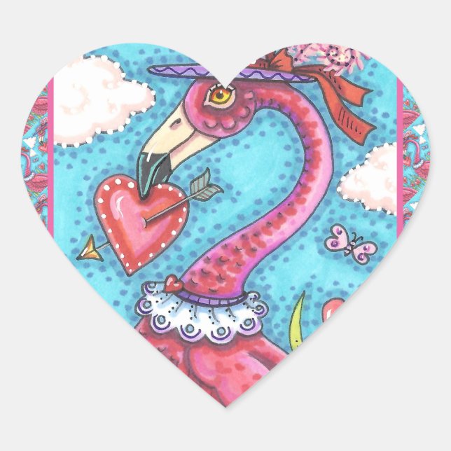 PINK FLAMINGO VALENTINE HEARTS, LOVE BIRD WHIMSY HEART STICKER (Front)