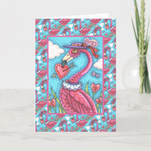 PINK FLAMINGO VALENTINE HEARTS, LOVE BIRD WHIMSY HOLIDAY CARD