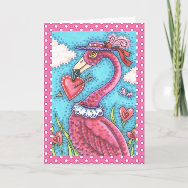 PINK FLAMINGO VALENTINE HEARTS, LOVE BIRD WHIMSY HOLIDAY CARD (Front)