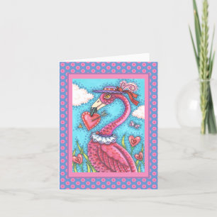 PINK FLAMINGO VALENTINE HEARTS, LOVE BIRD WHIMSY HOLIDAY CARD