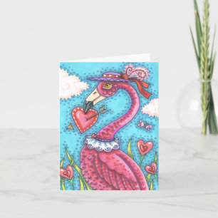 PINK FLAMINGO VALENTINE HEARTS, LOVE BIRD WHIMSY HOLIDAY CARD