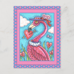PINK FLAMINGO VALENTINE HEARTS, LOVE BIRD WHIMSY HOLIDAY POSTCARD