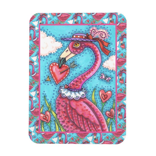 PINK FLAMINGO VALENTINE HEARTS, LOVE BIRD WHIMSY MAGNET (Vertical)