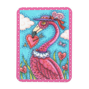 PINK FLAMINGO VALENTINE HEARTS, LOVE BIRD WHIMSY MAGNET
