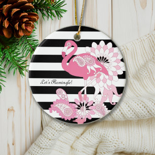Pink Flamingo Vibes Black and White Stripe Holiday Ceramic Ornament