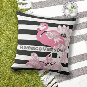 Pink Flamingo Vibes Only Black & White Striped Cushion