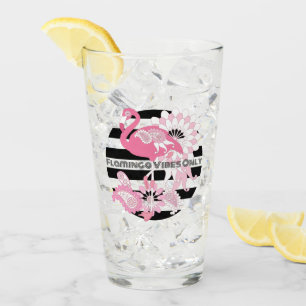 Pink Flamingo Vibes Only Black & White Striped Glass