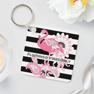 Pink Flamingo Vibes Only Black & White Striped Key Ring
