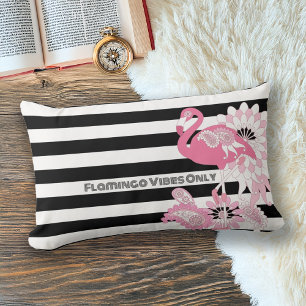 Pink Flamingo Vibes Only Black & White Striped Lumbar Cushion