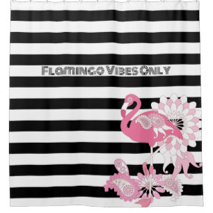 Pink Flamingo Vibes Only Black & White Striped Shower Curtain