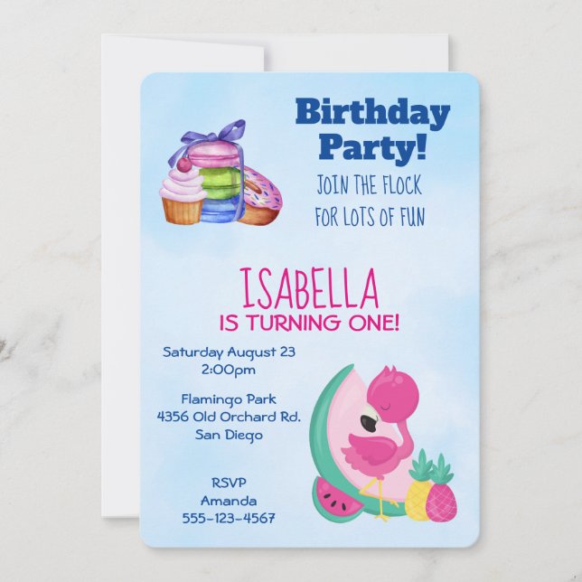 Pink Flamingo w/ Tropical Fruits Birthday Party Invitation (Front)