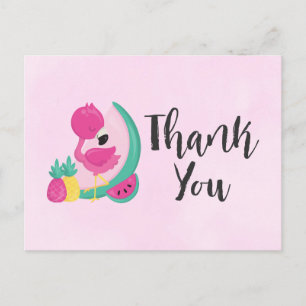 Pink Flamingo w/ Tropical Fruits on Pink Thank You Postcard