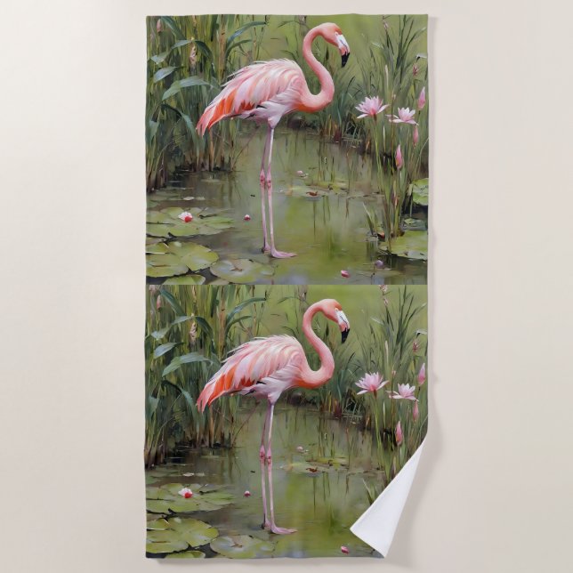 Pink Flamingo Water Lilies And Reeds Oil Painting, Beach Towel (Front)
