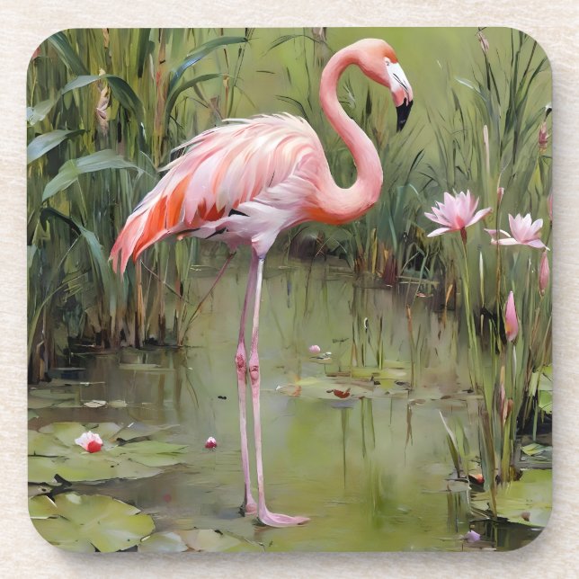 Pink Flamingo Water Lilies And Reeds Oil Painting, Coaster (Front)