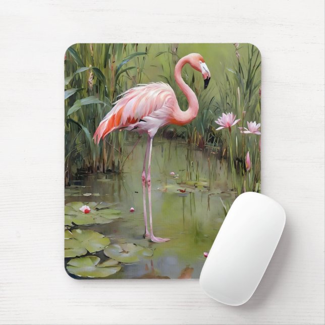 Pink Flamingo Water Lilies And Reeds Oil Painting, Mouse Pad (With Mouse)