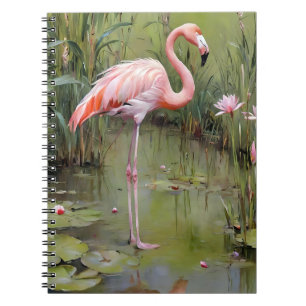 Pink Flamingo Water Lilies And Reeds Oil Painting, Notebook