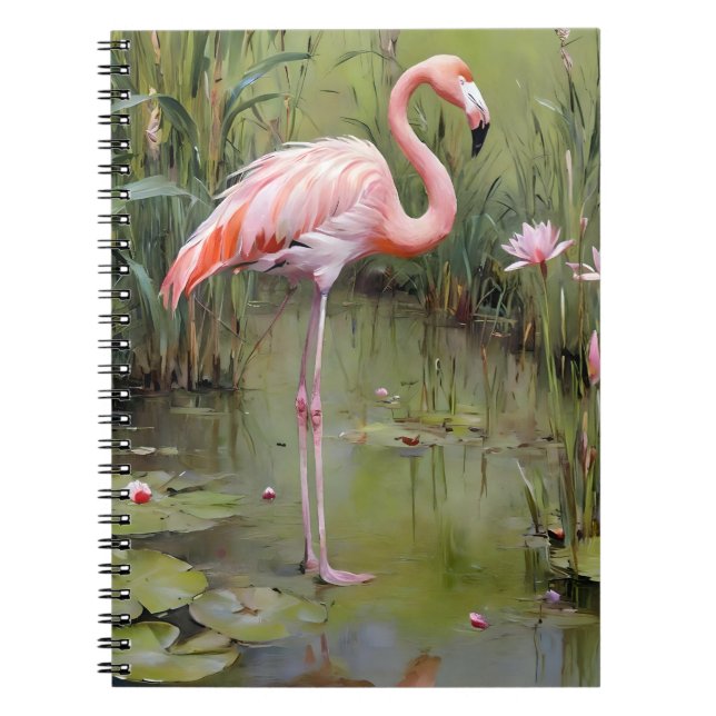 Pink Flamingo Water Lilies And Reeds Oil Painting, Notebook (Front)