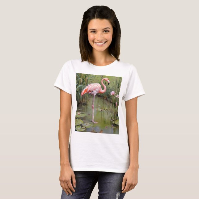 Pink Flamingo Water Lilies And Reeds Oil Painting, T-Shirt (Front Full)