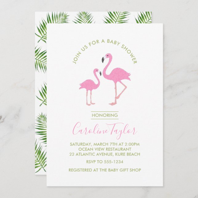 Pink Flamingo Watercolor Baby Shower Invitation (Front/Back)