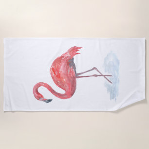 Pink Flamingo, watercolor . Beach Towel