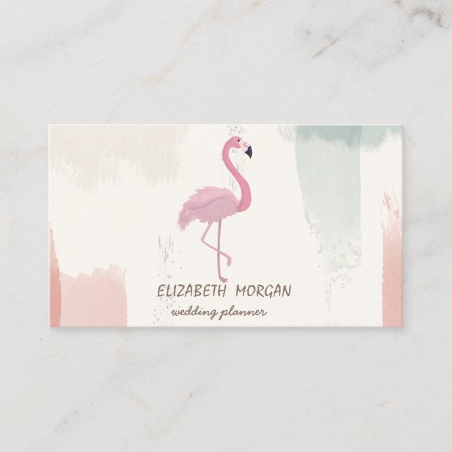 Pink Flamingo, Watercolor Brush Stroke Business Card (Front)