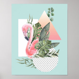 Pink Flamingo Watercolor Tropical Collage Poster