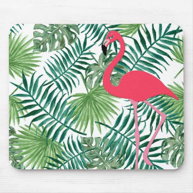 Pink Flamingo Watercolour Tropical Leaf Print Mouse Pad (Front)