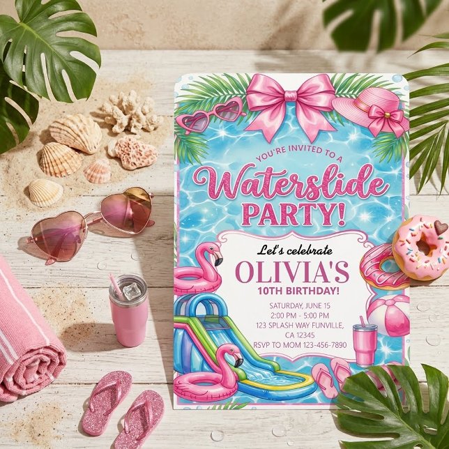  Pink Flamingo Waterslide Pool Party Birthday  Invitation (Creator Uploaded)
