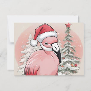 Pink Flamingo wearing santa hat tree background Postcard