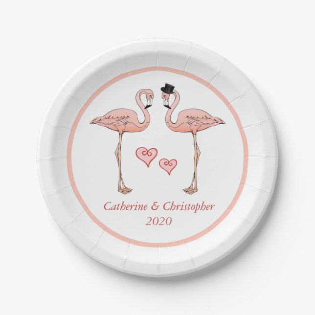 Pink Flamingo Wedding Bride Groom Hearts Love Bird Paper Plate (Front)
