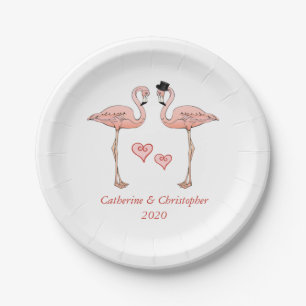 Pink Flamingo Wedding Bride Groom Hearts Love Paper Plate