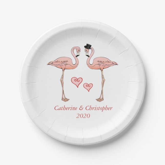 Pink Flamingo Wedding Bride Groom Hearts Love Paper Plate (Front)