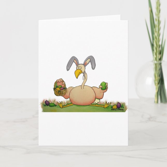 Pink Flamingo Whimsical Bird As Easter Bunny Holiday Card (Front)