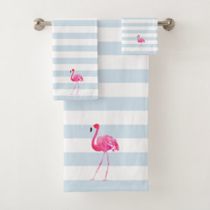 Pink Flamingo White & Blue Stripes Bath Towel Set