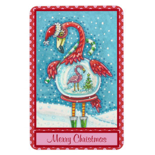 PINK FLAMINGO WHITE CHRISTMAS SNOW GLOBE MAGNET