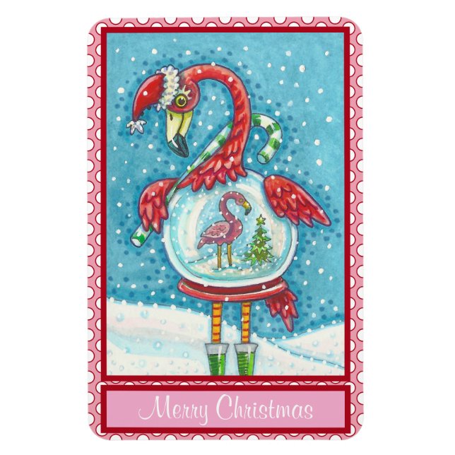 PINK FLAMINGO WHITE CHRISTMAS SNOW GLOBE MAGNET (Vertical)