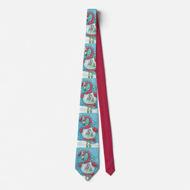 PINK FLAMINGO, WHITE CHRISTMAS SNOW GLOBE NECK TIE (Front)