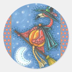 PINK FLAMINGO WITCH, FLYING OVER MOON ON A BROOM CLASSIC ROUND STICKER
