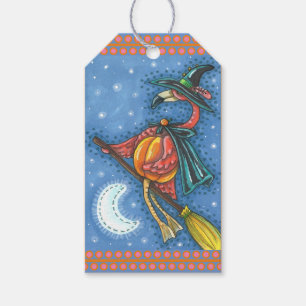 PINK FLAMINGO WITCH, FLYING OVER MOON ON A BROOM GIFT TAGS
