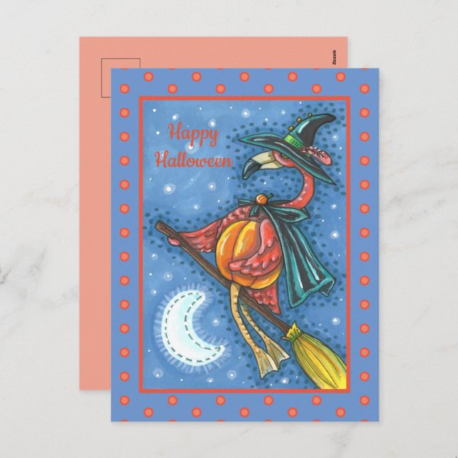 PINK FLAMINGO WITCH, FLYING OVER MOON ON A BROOM HOLIDAY POSTCARD (Front/Back)